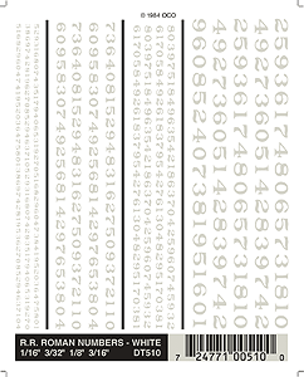 Dry Transfer Alphabet & Number Sets -- Railroad Roman Type Face - Numbers Only (white)
