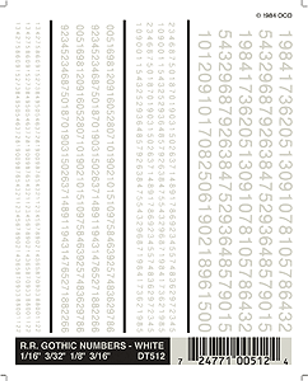 Dry Transfer Alphabet & Number Sets -- Railroad Gothic Type Face - Numbers Only (white)