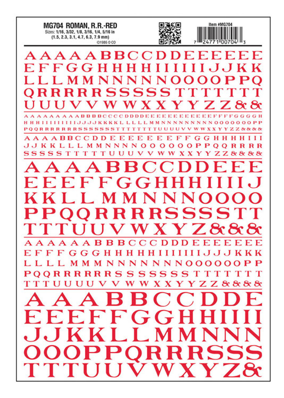 Dry Transfer Alphabet - Railroad Roman - 1/16, 3/32, 1/8, 3/16, 1/4 & 5/16&quot; -- Red