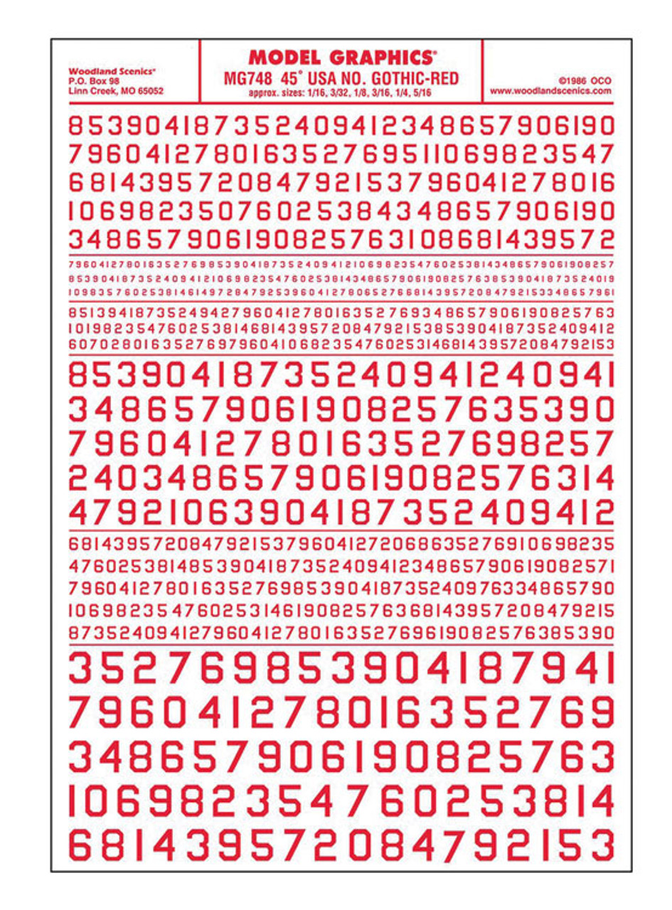 Dry Transfer Numbers Only - 45 Degree USA Gothic (Military Style) -- Red