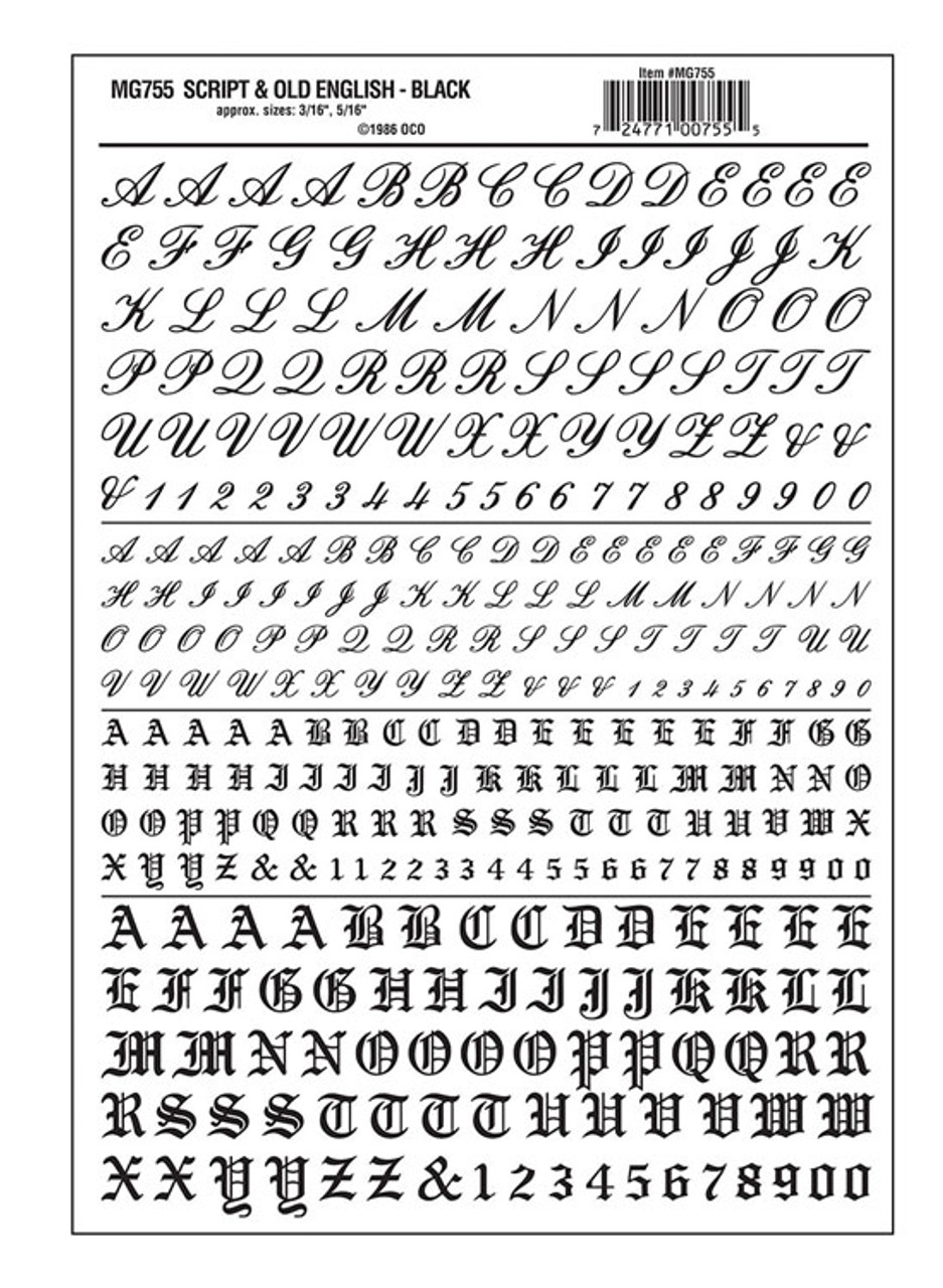 Dry Transfer Alphabet & Numbers - Script/Old English -- Black