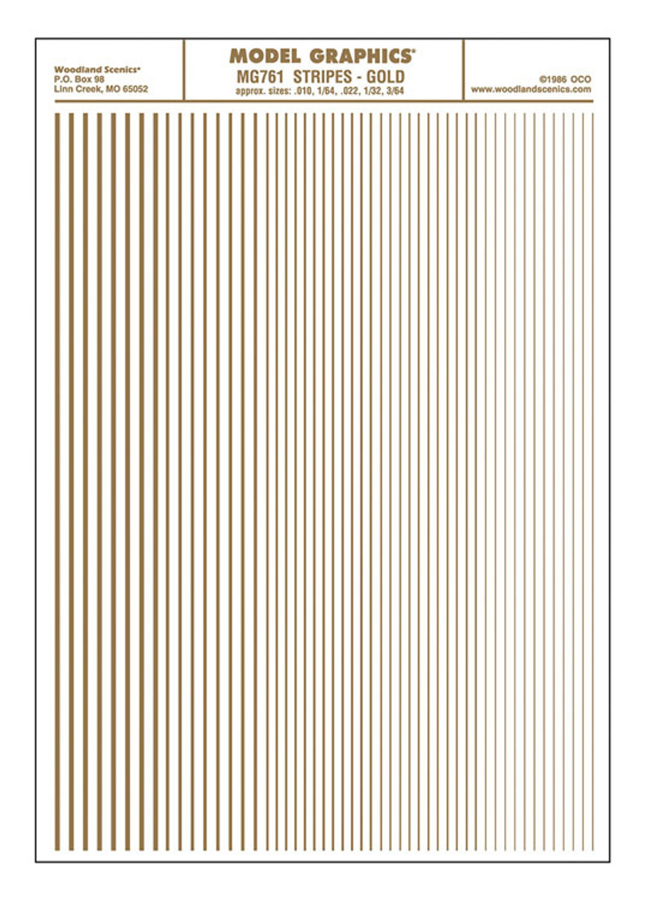 Dry Transfer Stripes - .010, 1/64, .022, 1/32 & 3/64&quot; Wide -- Gold