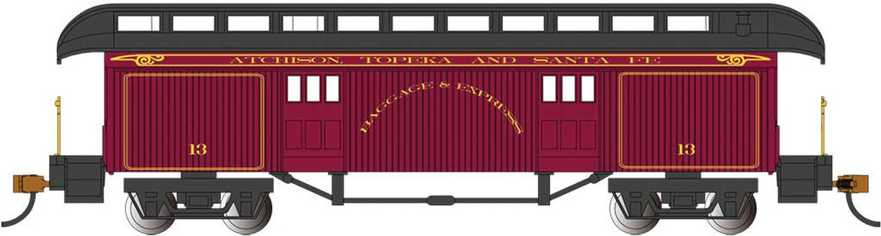 Old-Time Wood Baggage with Round-End Clerestory Roof - Ready to Run -- Santa Fe (Boxcar red, black)