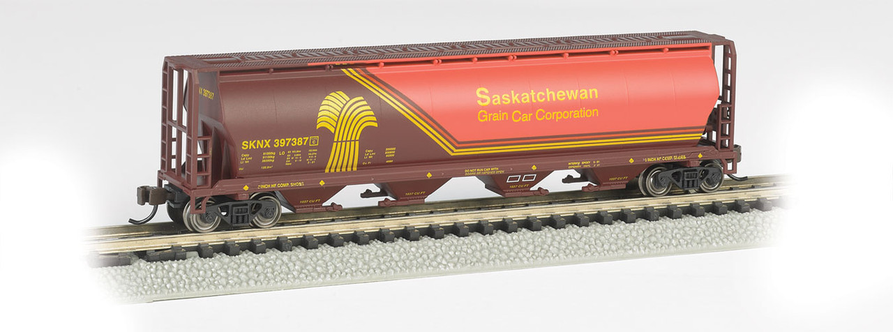 Canadian Cylindrical 4-Bay Grain Hopper - Ready to Run - Silver Series(R) -- Saskatchewan Grain Car Corp. (orange, brown, yellow
