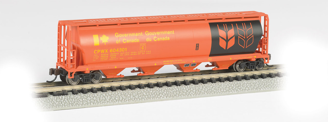 Canadian Cylindrical 4-Bay Grain Hopper - Ready to Run - Silver Series(R) -- Government of Canada CPWX (orange, black, yellow)