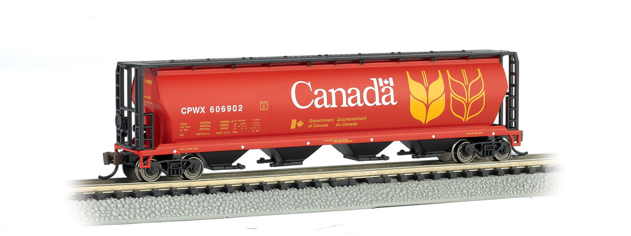 Canadian Cylindrical 4-Bay Grain Hopper - Ready to Run - Silver Series(R) -- Government of Canada CPWX (orange, black, yellow, w