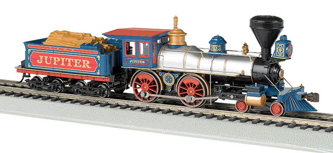 4-4-0 w/Wood Tender Load - Sound & DCC -- Central Pacific &quot;Jupiter&quot; (silver, black, blue, red)