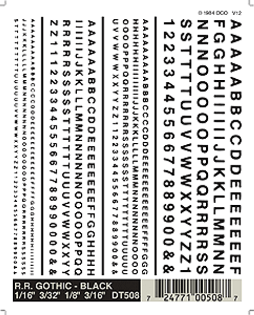 Dry Transfer Alphabet & Number Sets -- Railroad Gothic Type Face (black)