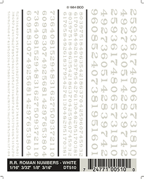 Dry Transfer Alphabet & Number Sets -- Railroad Roman Type Face - Numbers Only (white)