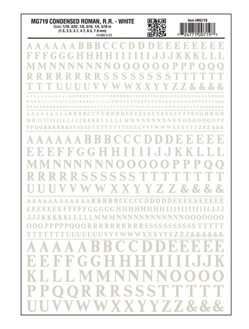 Dry Transfer Alphabet & Numbers - Condensed Railroad Roman -- White