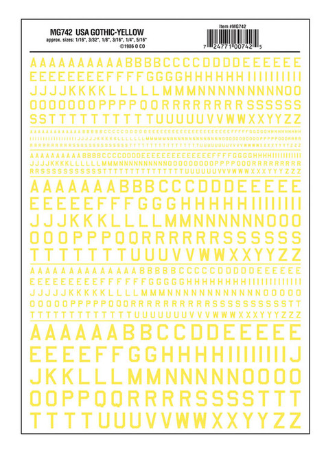 Dry Transfer Alphabet & Numbers - 45 Degree USA Gothic (Military Style) -- Yellow