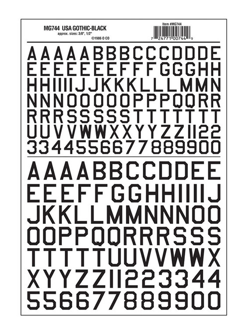 Dry Transfer Alphabet & Numbers - 45 Degree USA Gothic (Military; 3/8 & 1/2&quot;) -- Black