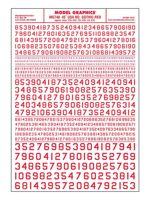 Dry Transfer Numbers Only - 45 Degree USA Gothic (Military Style) -- Red