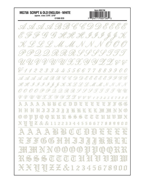 Dry Transfer Alphabet & Numbers - Script/Old English -- White