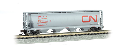 Canadian Cylindrical 4-Bay Grain Hopper - Ready to Run - Silver Series(R) -- Canadian National (gray, red, Large Noodle Logo)