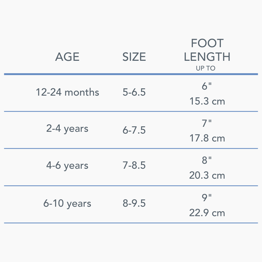 kid sock sizing ranging from 1 year to 10 years old