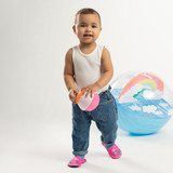 baby boy wearing Narwhal Stars Aqua Shoes Bright Pink