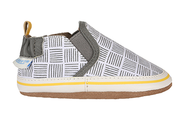 Grey Robeez baby shoe with soft soles and a stylish striped grid pattern.