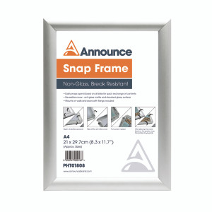 PHT01808 Announce A4 Snap Frame 25mm anodised aluminium frame Wall fixings included PHT01808 PHT01808 Announce A4 Snap Frame 25mm anodised aluminium frame Wall fixings included PHT01808