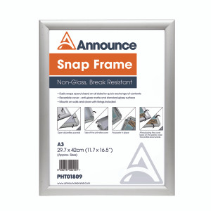 PHT01809 Announce A3 Snap Frame 25mm anodised aluminium frame Wall fixings included PHT01809 PHT01809 Announce A3 Snap Frame 25mm anodised aluminium frame Wall fixings included PHT01809