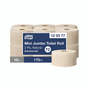 Tork Mini Jumbo 2-Ply Toilet Roll Advanced 170m Natural (Pack of 12) 120377 Tork Mini Jumbo 2-Ply Toilet Roll Advanced 170m Natural (Pack of 12) 120377