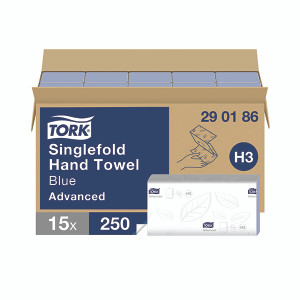 Tork Singlefold Hand Towels H3 Advanced Embossed 15x250 Sheets Blue (Pack of 3750) 290186 Tork Singlefold Hand Towels H3 Advanced Embossed 15x250 Sheets Blue (Pack of 3750) 290186