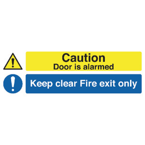 SR72031 Safety Sign 150x450mm Caution Door is Alarmed Keep Clear Fire Exit Only Self-Adhesive SR72031
