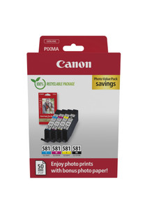 Canon 2106C006/CLI-581 Ink Cartridge Multipack Bk,C,M,Y + Photopaper 50 sheet 10x15cm 5.6ml 1505/256/237/257 pg Pack of 4