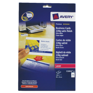 AV24279 Avery Laser Double-Sided A4 Business Cards 220gsm Satin White 10 cards per sheet Pack 250 C32016-25 AV24279 Avery Laser Double-Sided A4 Business Cards 220gsm Satin White 10 cards per sheet Pack 250 C32016-25