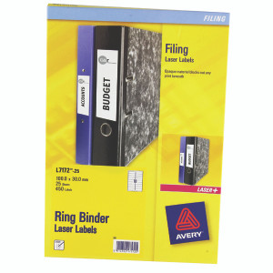 AVL7172 Avery Laser Ring Binder Label 100mmx30mm White Pack 450 L7172 AVL7172 Avery Laser Ring Binder Label 100mmx30mm White Pack 450 L7172