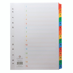 JT01601 Concord Index 1-15 A4 White with Multicoloured Mylar Tabs 01601 CS16 JT01601 Concord Index 1-15 A4 White with Multicoloured Mylar Tabs 01601 CS16