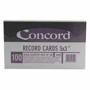 JT16099 Concord Record Card Ruled 127 x 76mm Assorted Pack 100 16099 160