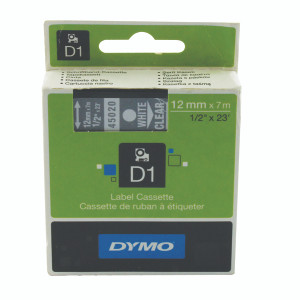 ES45020 Dymo 45020 D1 LabelManager Tape 12mm x 7m White on Clear S0720600 ES45020 Dymo 45020 D1 LabelManager Tape 12mm x 7m White on Clear S0720600