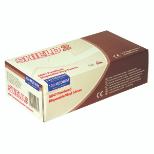 HEA00488 Shield Powdered Clear Medium Vinyl Gloves Pack 100 GD47 HEA00488 Shield Powdered Clear Medium Vinyl Gloves Pack 100 GD47