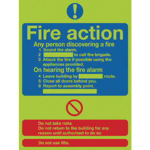 SR11154 Safety Sign Niteglo Fire Action 300x250mm Self-Adhesive FR03527L SR11154 Safety Sign Niteglo Fire Action 300x250mm Self-Adhesive FR03527L