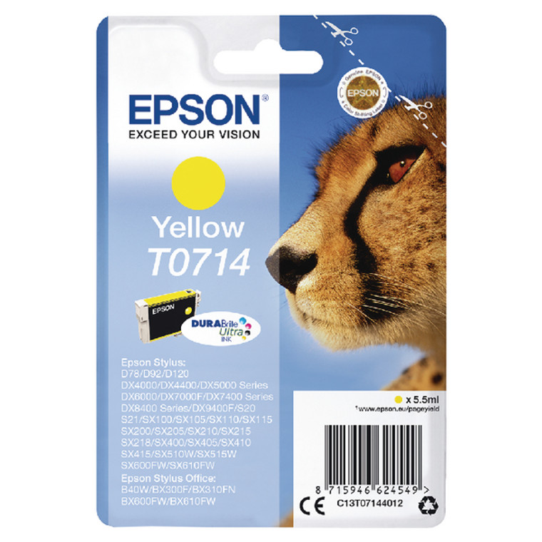 C13T07144012 Epson C13T07144012 T0714 Yellow Ink Cartridge Cheetah 415 pages 6ml