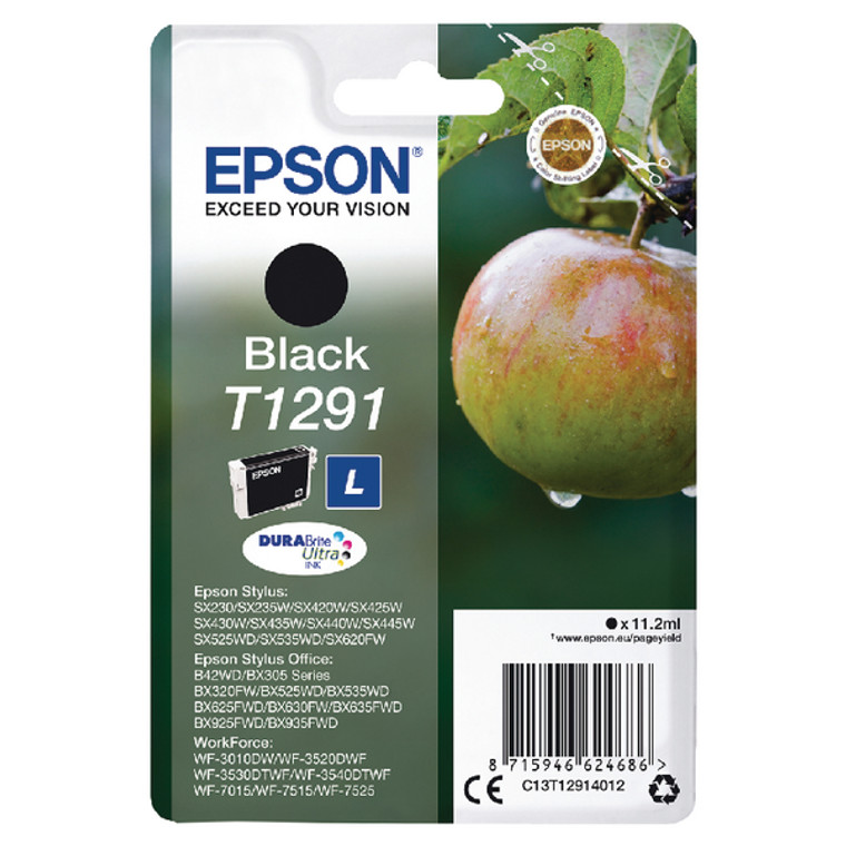 C13T12914012 Epson C13T12914012 T1291 Black Ink Cartridge 380 pages 11ml