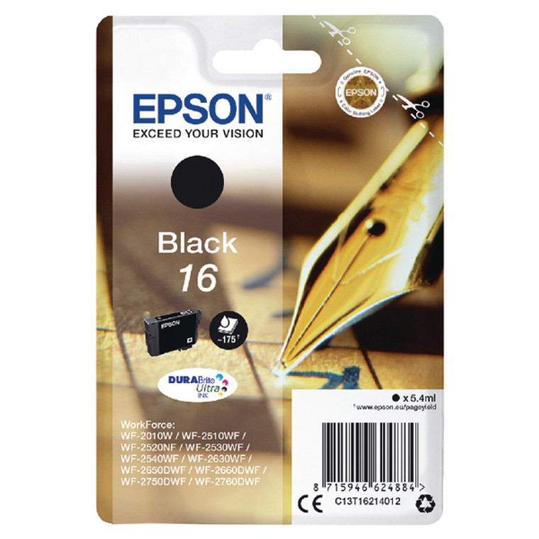 C13T16214012 Epson C13T16214012 16 Black Ink Cartridge 175 pages 5ml