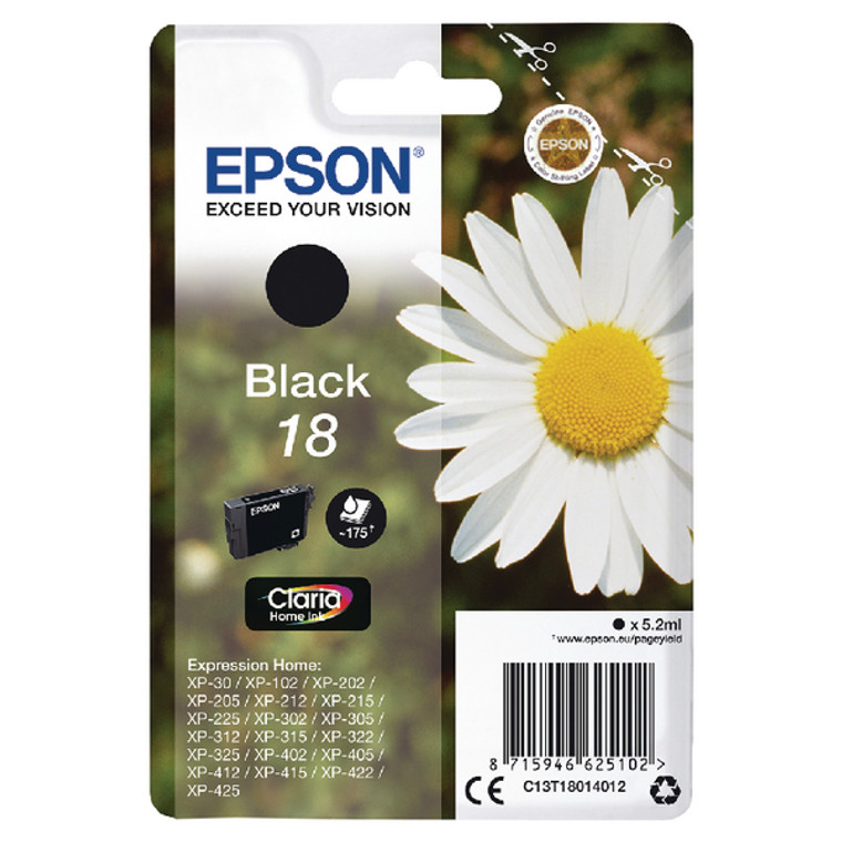 C13T18014012 Epson C13T18014012 18 Black Ink Cartridge 175 pages 5ml