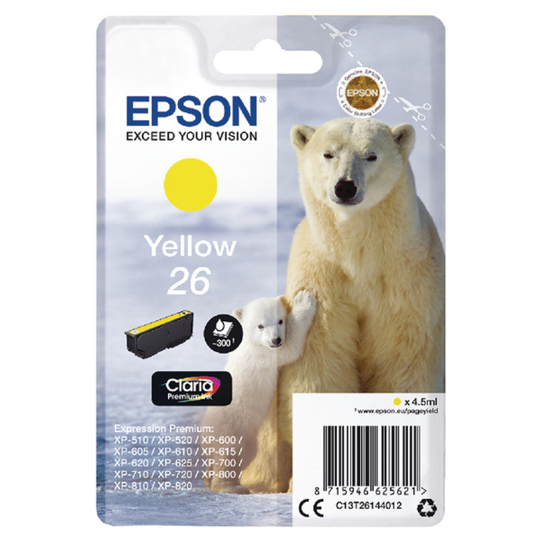 C13T26144012 Epson C13T26144012 26 Yellow Ink Cartridge 300 pages 5ml