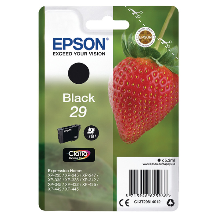 C13T29814012 Epson C13T29814012 29 Black Ink Cartridge 175 pages 5ml