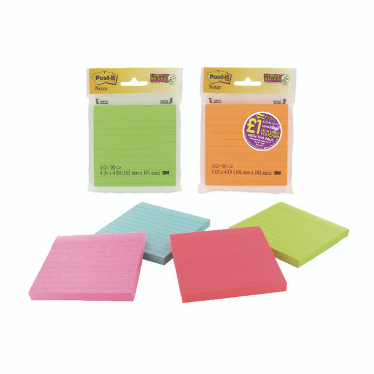 3M46855 Post-It Assorted Neon Ultra Super Sticky Notes 4X4 90 Sheets 70005115673