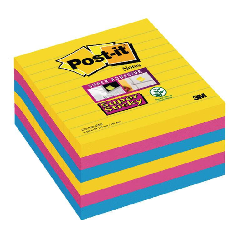3M99885 Post-it Super Sticky 101x101mm Lined Rio Pack 6 675-SS6-RIO