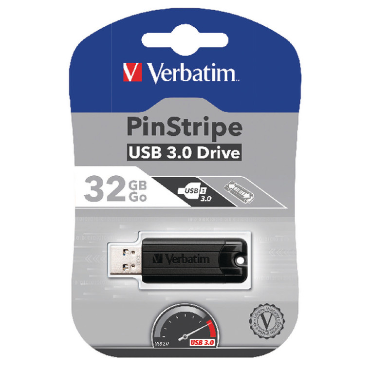 VM49317 Verbatim Pinstripe USB 3 0 Flash Drive 32GB Black 49317