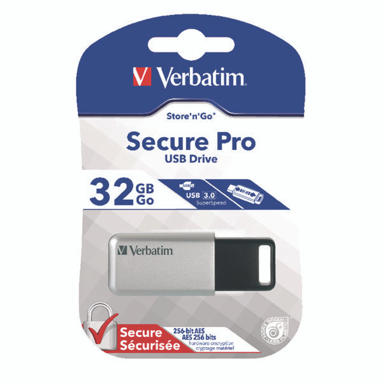 VM98665 Verbatim Secure Pro USB 3 0 Flash Drive 32GB Silver Black 98665