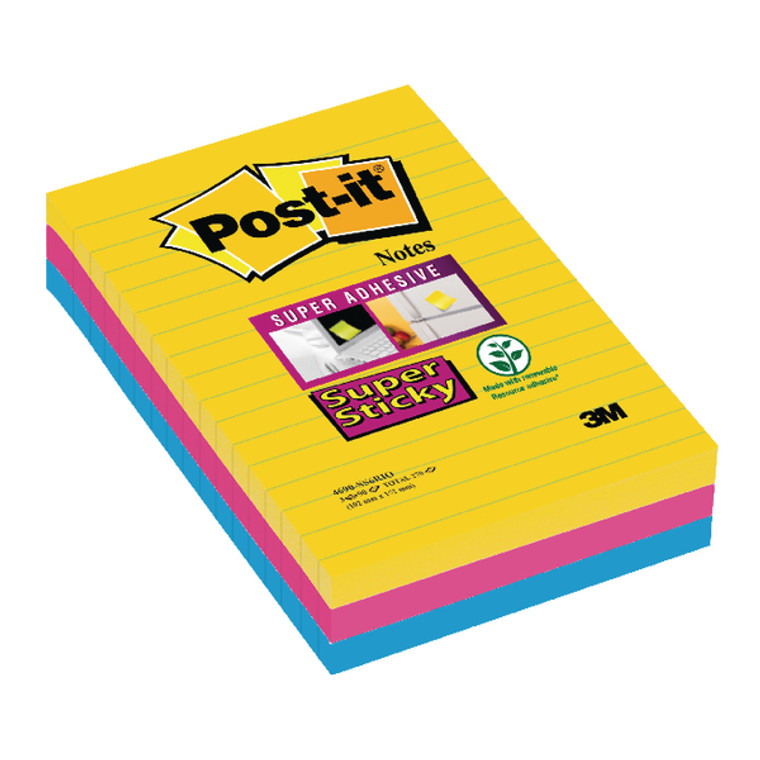 3M99884 Post-it Super Sticky 101x152mm Lined Rio Pack 3 4690-SS3RIO