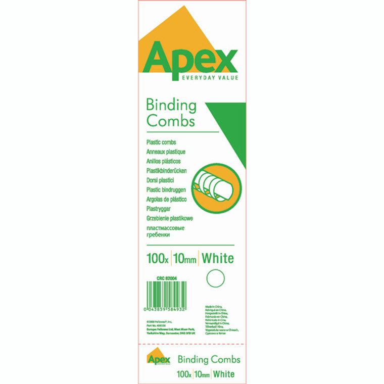 BB58493 Fellowes Apex Plastic Binding Combs 10mm White Pack 100 6200401