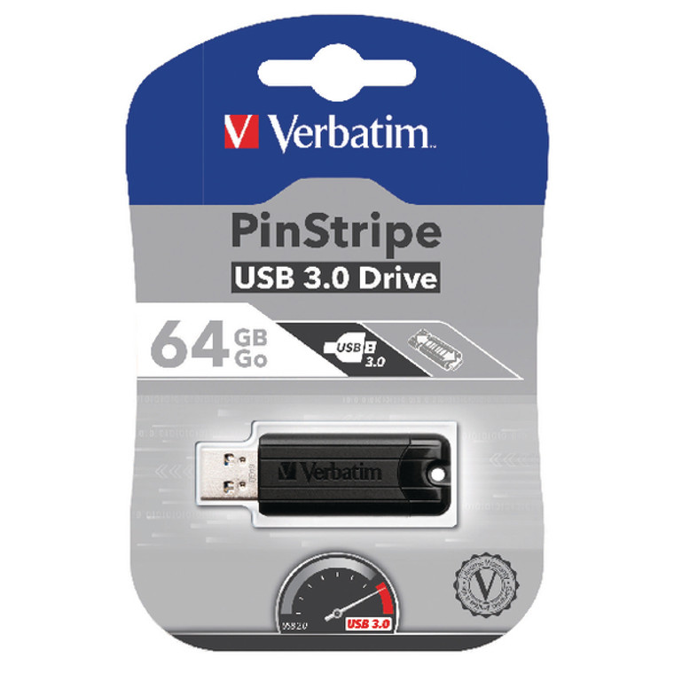 VM49318 Verbatim Pinstripe USB 3 0 Flash Drive 64GB Black 49318