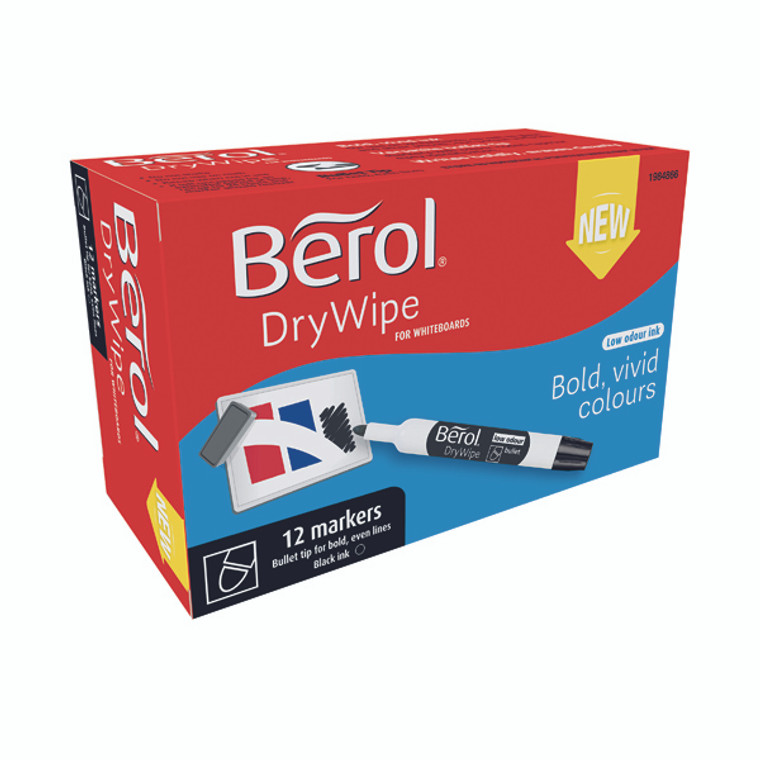 BR84866 Berol Drywipe Marker Bullet Tip Black Pack 12 1984866