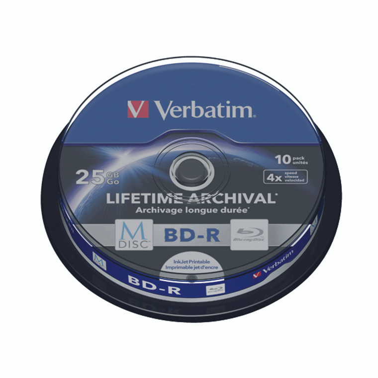 VM38250 Verbatim M-Disc Blu-ray BD-R 25 GB 4x Printable Spindle Pack 10 43825